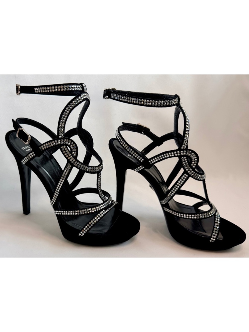 Versace Medusa Crystal Suede Cage Stiletto Sandal Heels Black w/ Box EU 39